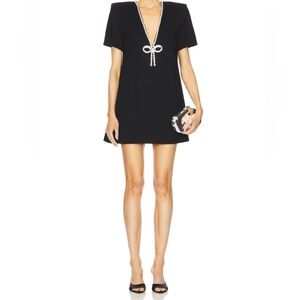 AREA Crystal Bow V Neck T-Shirt Dress, Black, M